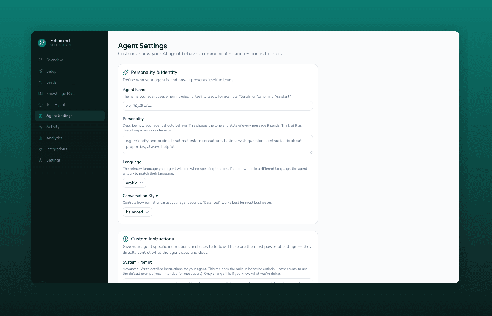 Agent settings panel — personality configuration with custom instructions, language settings (Arabic), and conversation style controls