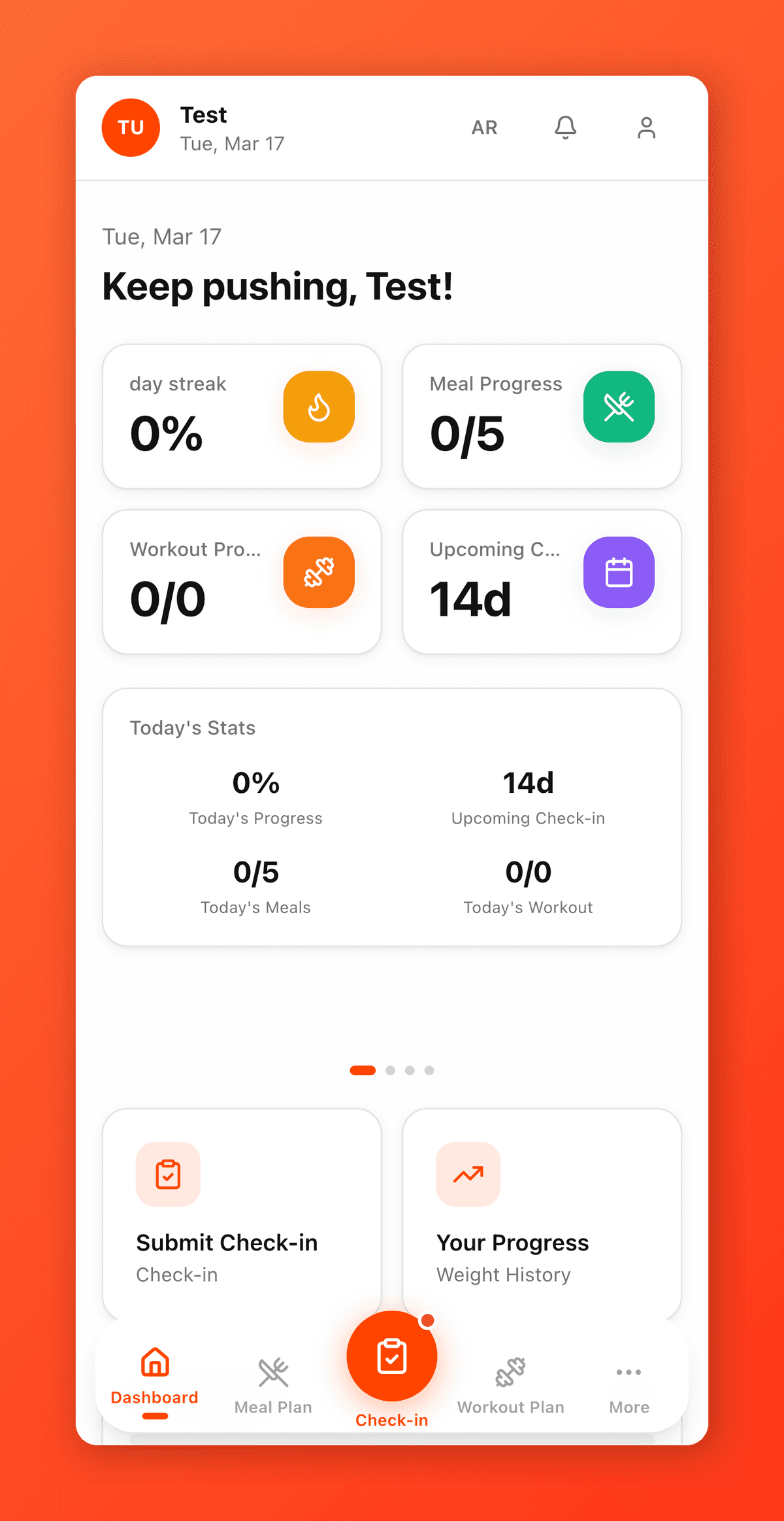 FitFast client dashboard — PWA interface showing workout tracking, meal progress, and daily stats