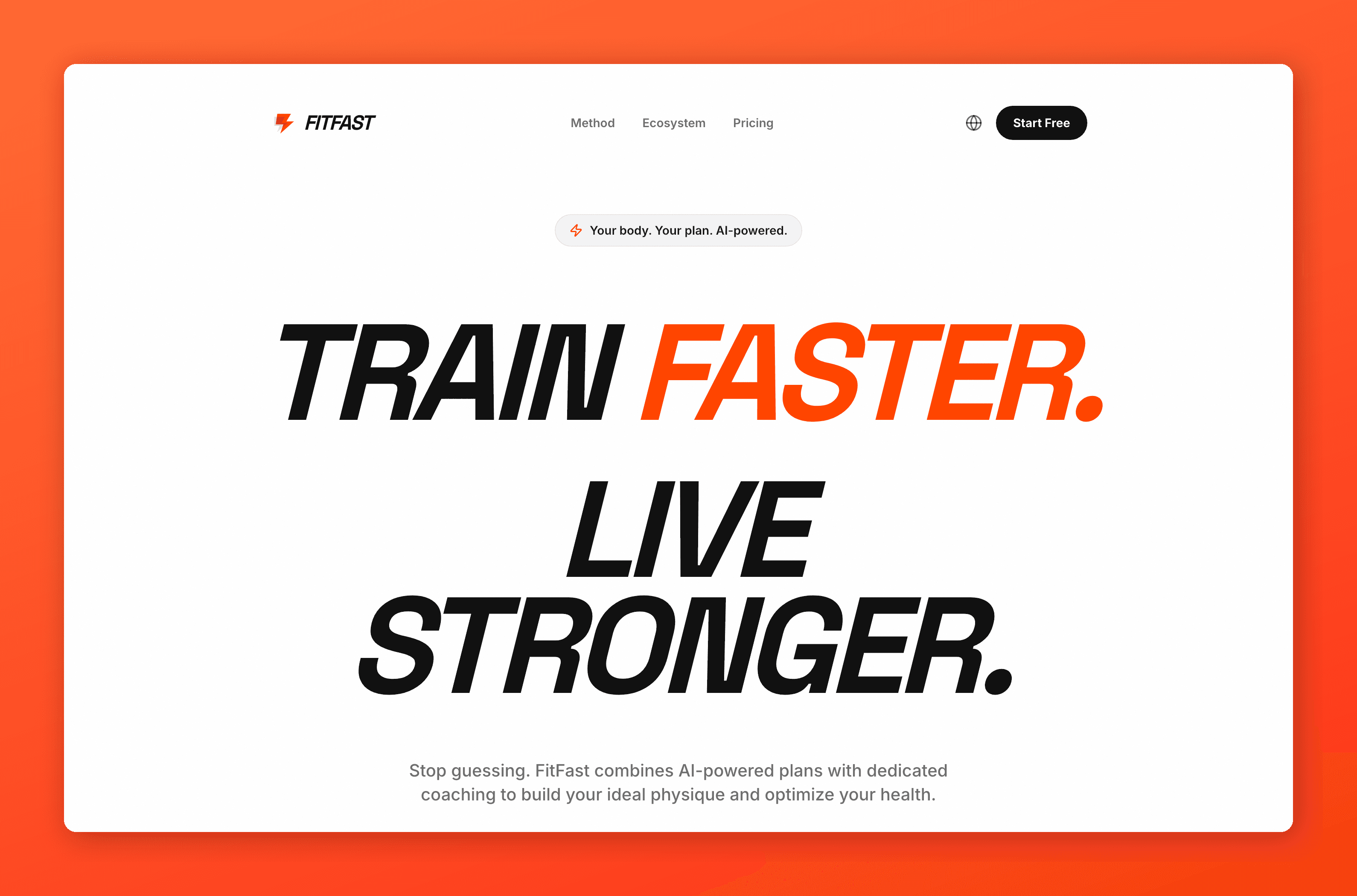 FitFast marketing landing page — hero section with bold typography: Train Faster. Live Stronger.